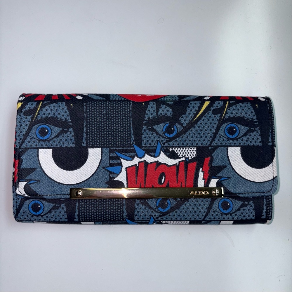 Aldo Blue and Red Comic Style Clutch with Gold Chain